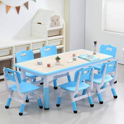 Juego de mesa y sillas para niños de 2 a 10 años, escritorio de manualidades con altura ajustable y 6 sillas, escritorio de grafiti con patas antideslizantes y organizador, ideal para aulas, guarderías y el hogar