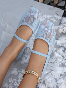Giày bệt Mary Jane ba lê mũi vuông phối ren hoa lưới dành cho nữ, thời trang, thoải mái, thoáng khí, dễ xỏ, trang phục thường ngày/công sở, giày lười nhẹ nhàng và thanh lịch - Màu xanh nhạt - Xem 3