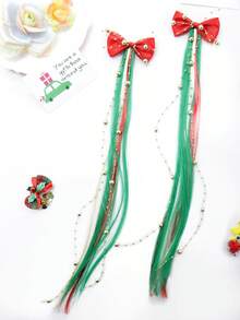 Clip de pelo con extensiones de perlas doradas y lazo rojo de Navidad, en colores verde, blanco, rojo y dorado claro, lleno de ambiente navideño, un accesorio imprescindible para la decoración de fiestas de Navidad