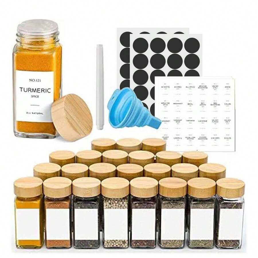 36pcs 120ml Glass Spice Jars Set With Bamboo Lids & Labels, Clear Empty Spice Bottles With Funnel For Kitchen Organization - Trong sáng - Xem 1