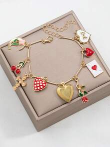 1pc Cherry & Strawberry Heart Enamel Bracelet, Rose Flower Charm, Cross Bow Peach A Pendant, Tulip Moon Versatile Multi-Element Chain Bracelet For Women - one-size - View 1