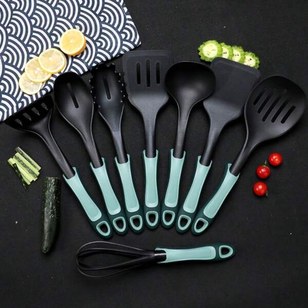 8pcs Blue Silicone Coated Rubber Handle Kitchen Utensil Set, Heat Resistant Cooking Tools, Non-Slip Handles Suitable For Cooking And Baking