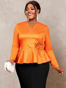 Plus Size Women's Glossy Long Sleeve Ruffle Blouse, Decorated With 3D Rose Ruffle Hem, Fitted Party Shirt - Orange - View 1