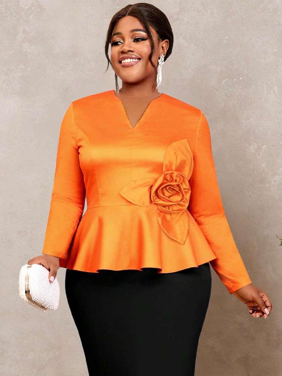 Plus Size Women's Glossy Long Sleeve Ruffle Blouse, Decorated With 3D Rose Ruffle Hem, Fitted Party Shirt - Orange - View 1
