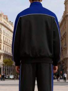 Men's Letter Print Contrast Color Full Zip Hoodie And Sweatpants Set