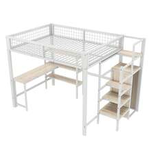 Loft Bed, 140 X 200 Cm, Iron Bed, Storage Ladder, Several Shelves, Without Mattress, Built-In Wardrobe, Desk, White - White - View 3