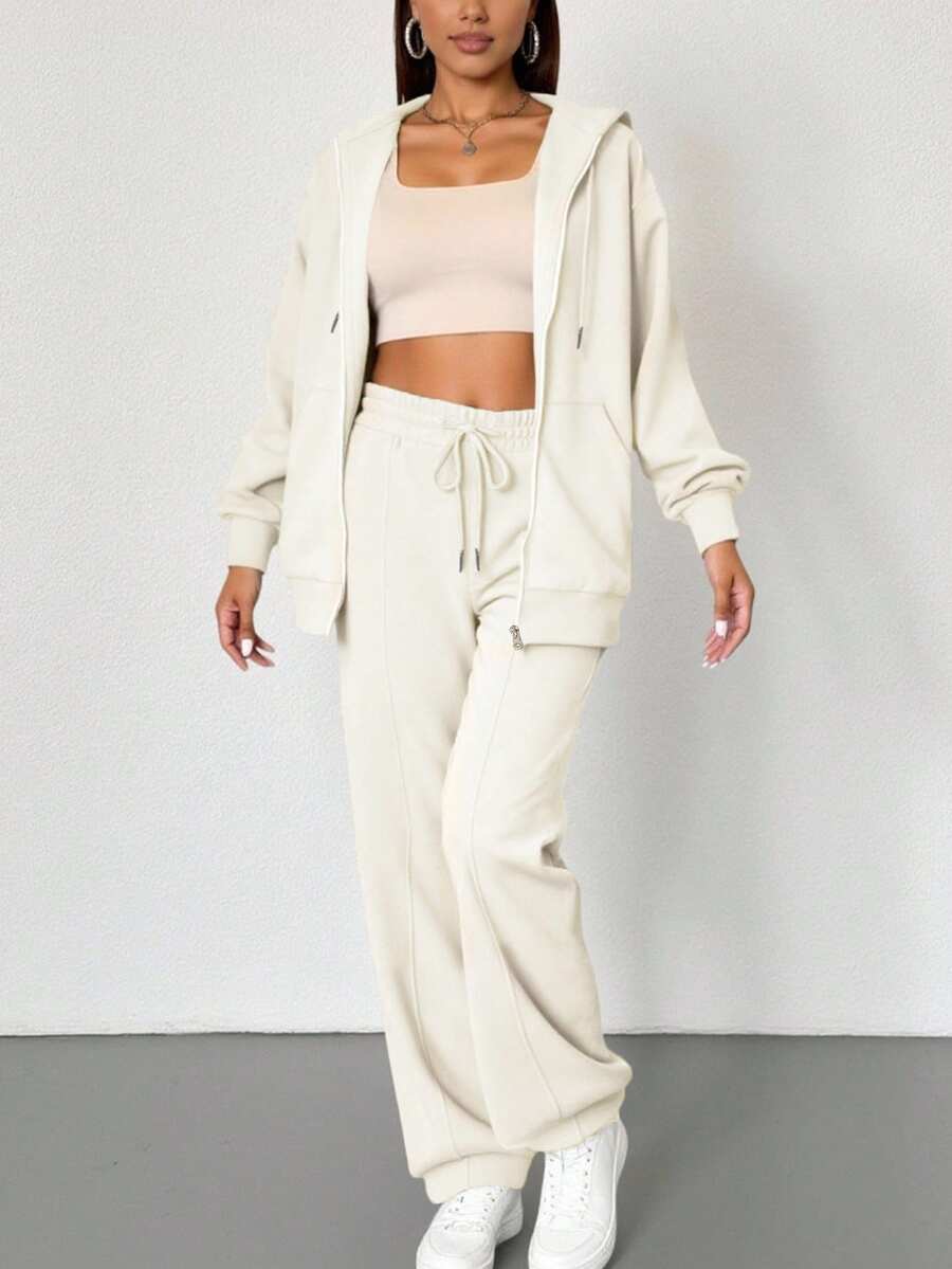 2 件纯色休闲拉链连帽衫套装，适合海滩、办公室、运动、家居、街头、春季、秋季、冬季、毕业典礼、返校、女教师、秋装、冬装、万圣节服装、沙特国庆节服装 - 杏色 - 查看 1