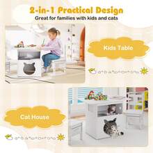 3 PCS Kids Table And Chairs Set Furniture W/Cat House Hole & Window 2 Chairs - White - View 8