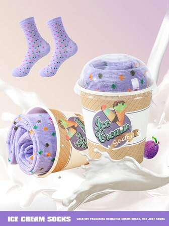 1 双冰淇淋设计袜子，适合日常生活和户外运动，优质厚秋冬女士袜子，有趣的波尔卡圆点和条纹印花男士中筒袜，独特的节日礼物套装设计长袜，适合万圣节/圣诞节/生日派对/情人节/周年纪念日和各种节日异想天开的礼物，有趣的惊喜袜子送给朋友/家人/爱人