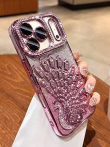 Luxury Plating Peacock Glitter Diamond Phone Case Compatible With IPhone 17 Pro Max 17 Pro 16 15 Pro Max 14 Pro 13 Soft Clear Lens Film Cover - Pink - View 5