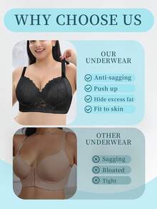 Plus Size Women Black Seamless Lace Gather Bra - Prevents Sagging, Breathable, Versatile, Comfortable For Autumn & Sexy Halloween - Black - View 8