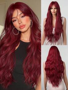 28 Inch Red Color Long Curly Wavy Wig With Curtain Bangs Synthetic Heat Resistant Wig With Bangs Women Wigs For Daily Wear Costume Wigs Cosplay Party Gifts Christmas Winter Fashion Wigs - 中紫紅色 - 查看 2