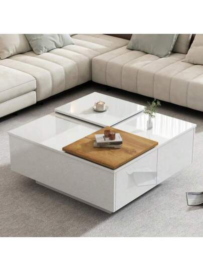 Moderne High Gloss Zwart Quadratischer Couchtisch Mit Einlegeböden 75*75*33,5cm, Small Verschiebbare Tischplatte In Contrasting White, Max. Load Capacity 30kg