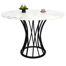 Round Dining Table (76cm), Kitchen Table, Round Coffee Table For 4-6 People, Suitable For Dining Room, Living Room, Metal Table Legs, Geometric Legs, Black Legs - 黑色+MDF+金屬 - 查看 2