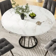 Round Dining Table (76cm), Kitchen Table, Round Coffee Table For 4-6 People, Suitable For Dining Room, Living Room, Metal Table Legs, Geometric Legs, Black Legs - 黑色+MDF+金屬 - 查看 11