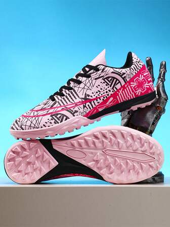 1 Pair Of Youth Blue And White Porcelain Printed PU Leather, Wear-Resistant, Nail Resistant, Anti Slip And Stable Professional Football Shoes Suitable For Daily Sports In All Seasons