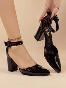 Zapatos de tacón alto negros para mujer con detalle de hebilla y punta, diseño de tacón alto.  Zapatos de tacón alto de mujer con punta afilada en corte en V, versátiles y sencillos, ideales para el trabajo, citas, fiestas, Halloween, Navidad, Año Nuevo y San Valentín, color negro Zapatos de tacón monocromáticos, simples y elegantes, hechos negro brillante, con tacón, adecuados para ocasiones profesionales y formales, apropiados para mujeres, modernos y adorables, cómodos y prácticos, ideales para oficina, reuniones o uso en el hogar. - Negro - Ver 7