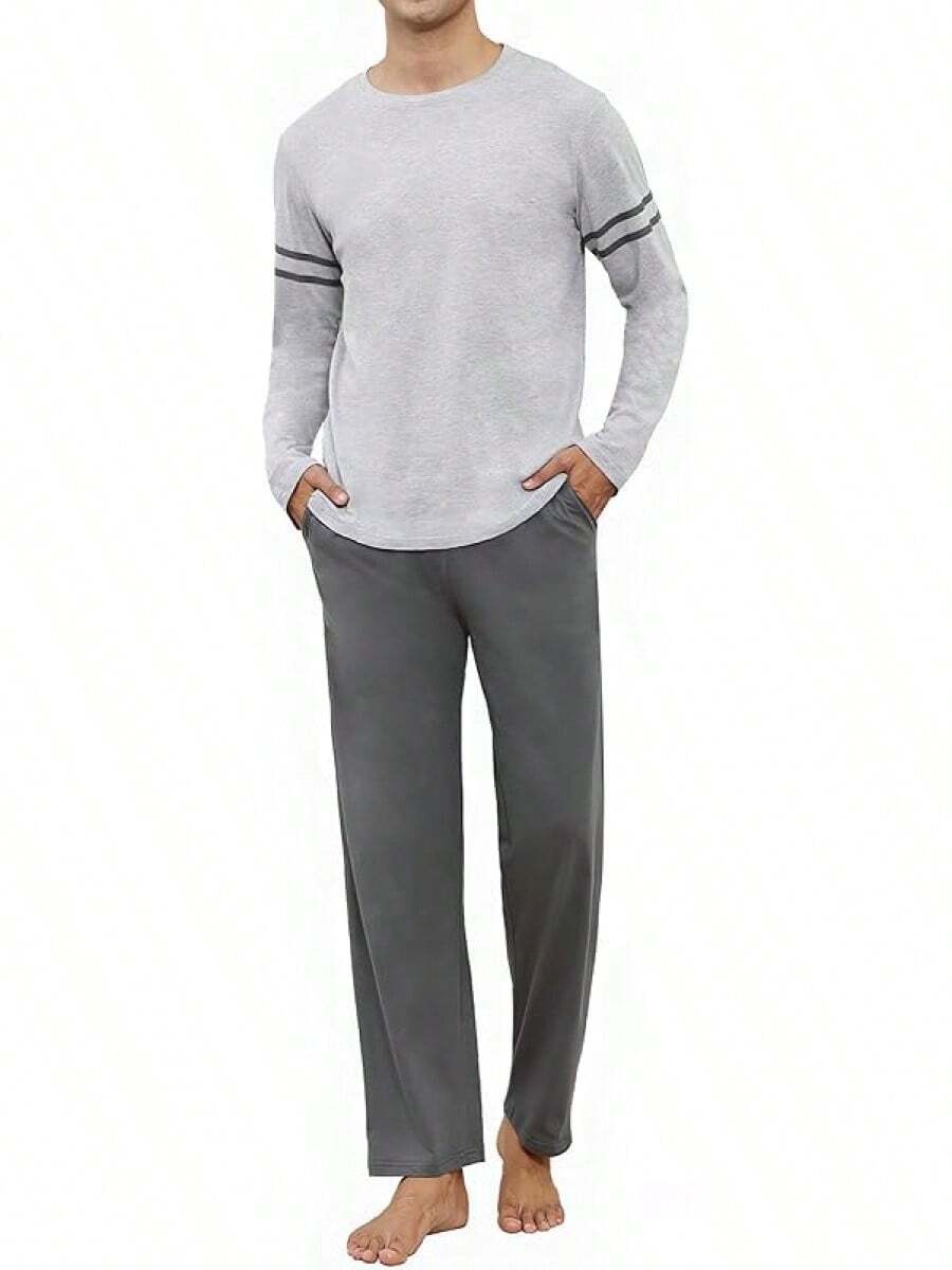 Hombre Pijama Algodon Confortable Cuello Redondo Manga Larga Ropa Dormir - Blanco - Ver 1