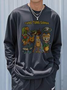 1 tricou casual pentru adolescenți și băieți, cu guler rotund și mânecă lungă, cu grafică de pisică monstru de munte și mare, croială lejeră, ținută de toamnă pentru studenți, imprimeu frontal cool - Gri inchis - Vizualizare 6