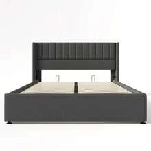 Storage Bed, Upholstered Bed, Hydraulic Double Bed 140x200cm, Wooden Slatted Base, Bed With Metal Slatted Base, Linen, Grey - Grey - View 11