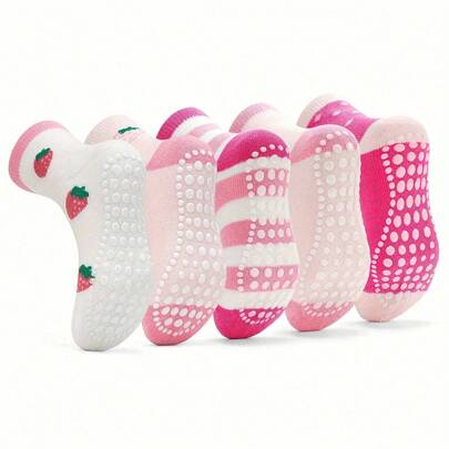 5pairs Children's Baby Girls Non-Slip Toddler Socks Heart Print Crew Socks