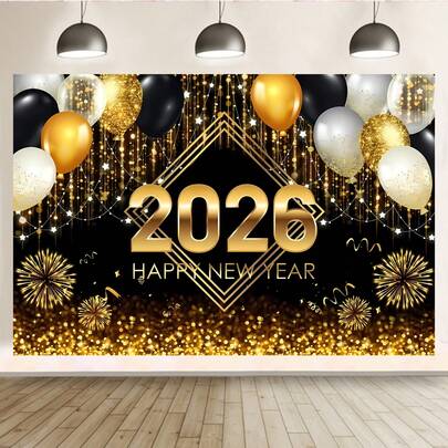 2026新年派对背景布，金色时钟图案，彩色气球，金色流苏和烟花装饰，“新年快乐”横幅 - 家居装饰、婚礼、生日派对装饰 - 易于悬挂的布艺背景，适合家庭庆祝活动和新年假期设计，提供多种尺寸选择