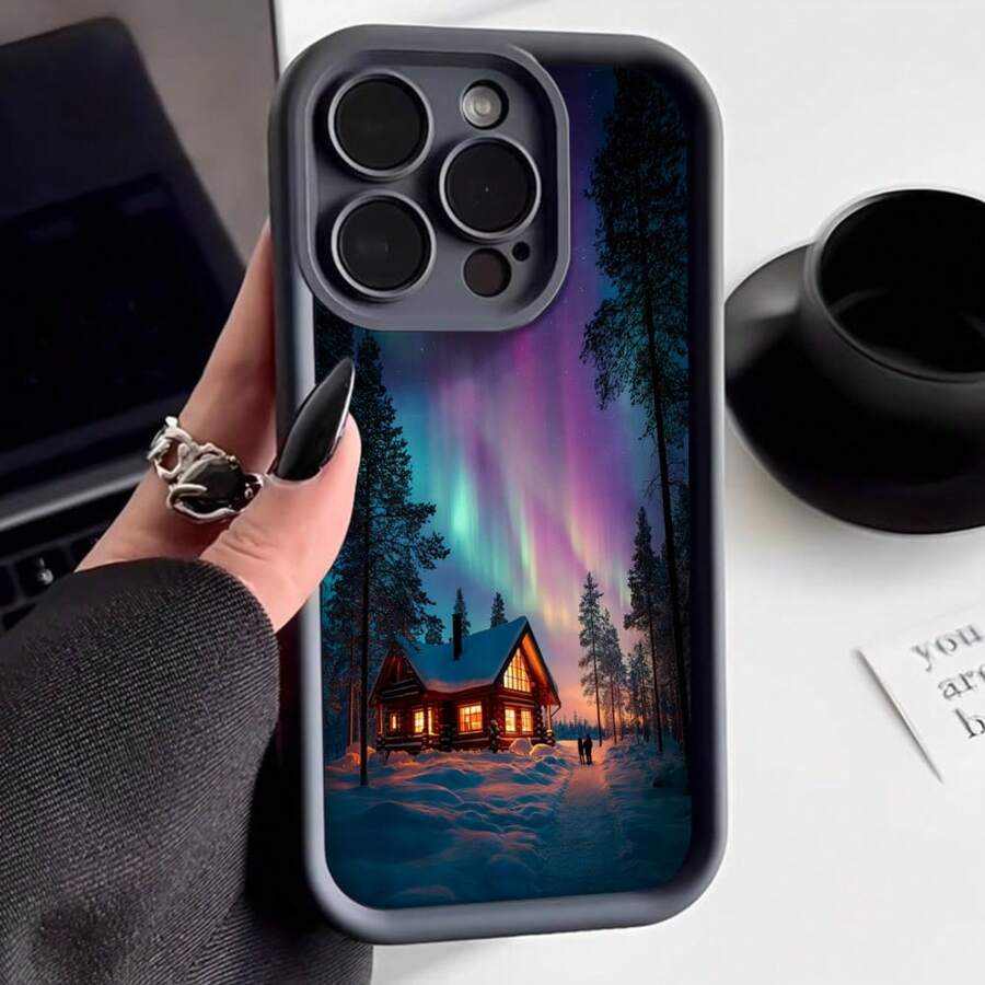 Cubierta de teléfono con borde protector gris oscuro diseño de casa en la nieve aurora boreal en bosque invernal para uso diario y viajes - Café integral - Ver 1