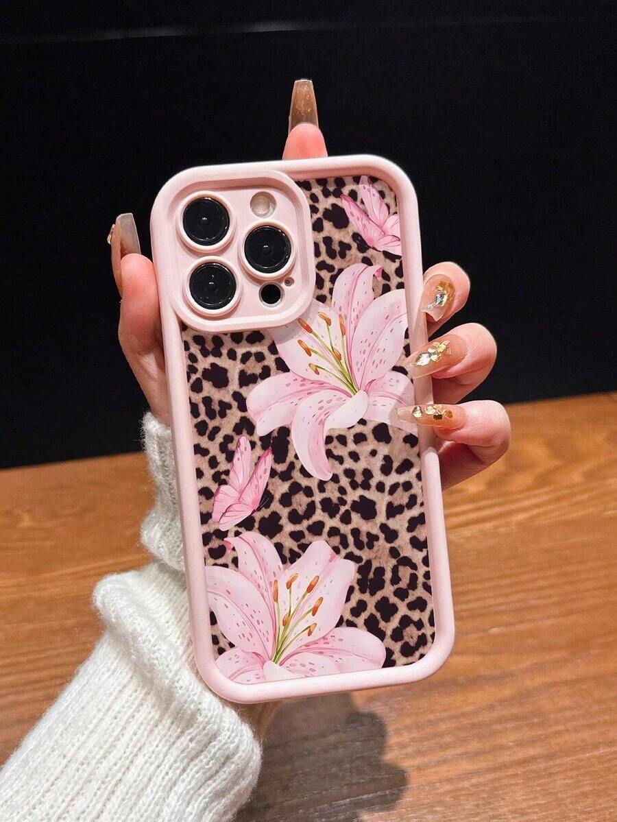 Cute Pink Lily Flower & Leopard Print Matte Anti-Drop Phone Case Compatible With IPhone 11, 12, 13, 14, 15, 16, 13 Pro Max, 16 Plus, XR, 7, 8 Plus, 17 Pro Max, AIR - Kiểu 3 (1 cái) - Xem 1