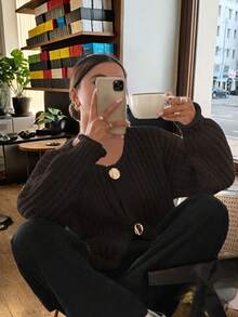 Blusa casual de manga larga con botones delanteros de unicolor para mujer de talla grande, suéter de punto para otoño/invierno