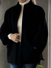 女士优雅常规长度薰衣草色梭织面料外套，立领，落肩袖 - 黑色 - 查看 5