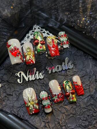 10Pcs Y2K Handmade French Manicure, Cherry Press On Square Nails, Red French Nails, FlashingRhinestone Gem Fake Nails, Hand Drawn Flowers Heart Nail Charms,4Sizes Available,SuitableFor Autumn And Winter, Parties AndDaily Wear, Includes Manicure Tools,Great Gift Ldea Press On Nails Nail