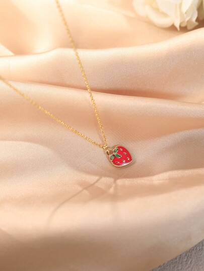 1pc Red Oil Drop Strawberry Heart Pendant Necklace, Suitable For Daily, Vacation, Party Wear
