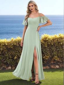 EVERPRETTY 优雅露肩雪纺长款鼠尾草绿伴娘礼服，适合婚礼和毕业典礼