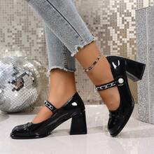 Women's Elegant Black Block Heel Pumps - Chain Detail - Synthetic Covered Dress Shoes With Ankle Strap And Comfortable Rubber Sole, Suitable For All Seasons. Formal Shoe | Stylish Ankle Strap | Synthetic Shoe - 黑色 - 查看 3
