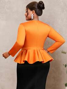 Plus Size Women's Glossy Long Sleeve Ruffle Blouse, Decorated With 3D Rose Ruffle Hem, Fitted Party Shirt - Orange - View 3