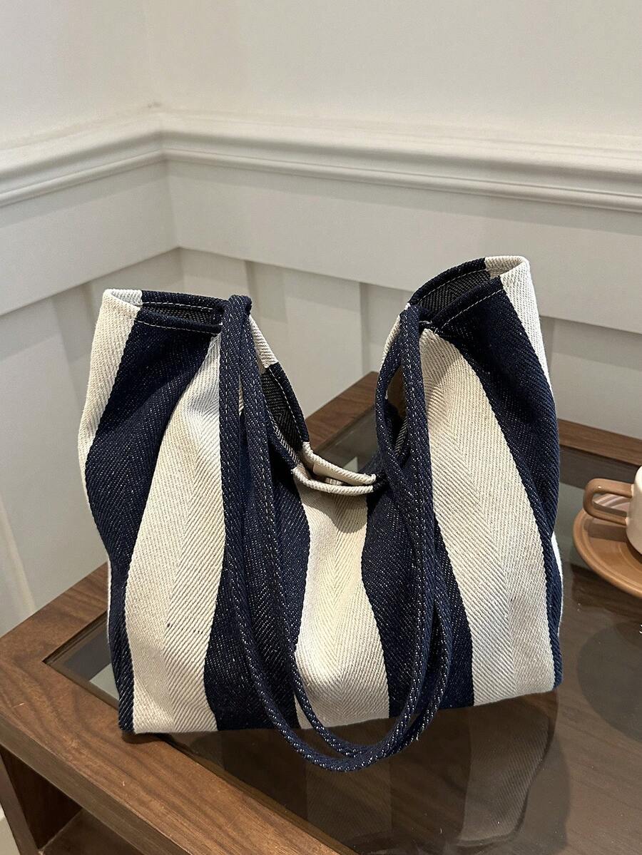 复古条纹帆布手提袋，大容量，充满艺术气息，适合工作、上学或户外活动，可用作背包、帆布包、沙滩包、购物袋。[竖条纹颜色随机发货]