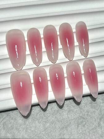 10片甜美性感腮红手工可佩戴美甲简约纯色腮红粉色美甲贴纸长尖椭圆按压式美甲用品（1张果冻贴纸+1个指甲锉）