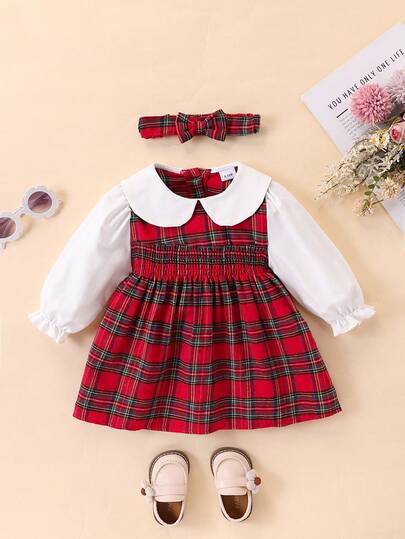 Sukienka dla dziewczynki z kołnierzykiem Piotruś Pan, w kratę i patchwork z długim rękawem w kolorze czerwonym, w stylu noworocznym, na co dzień z opaską na głowę