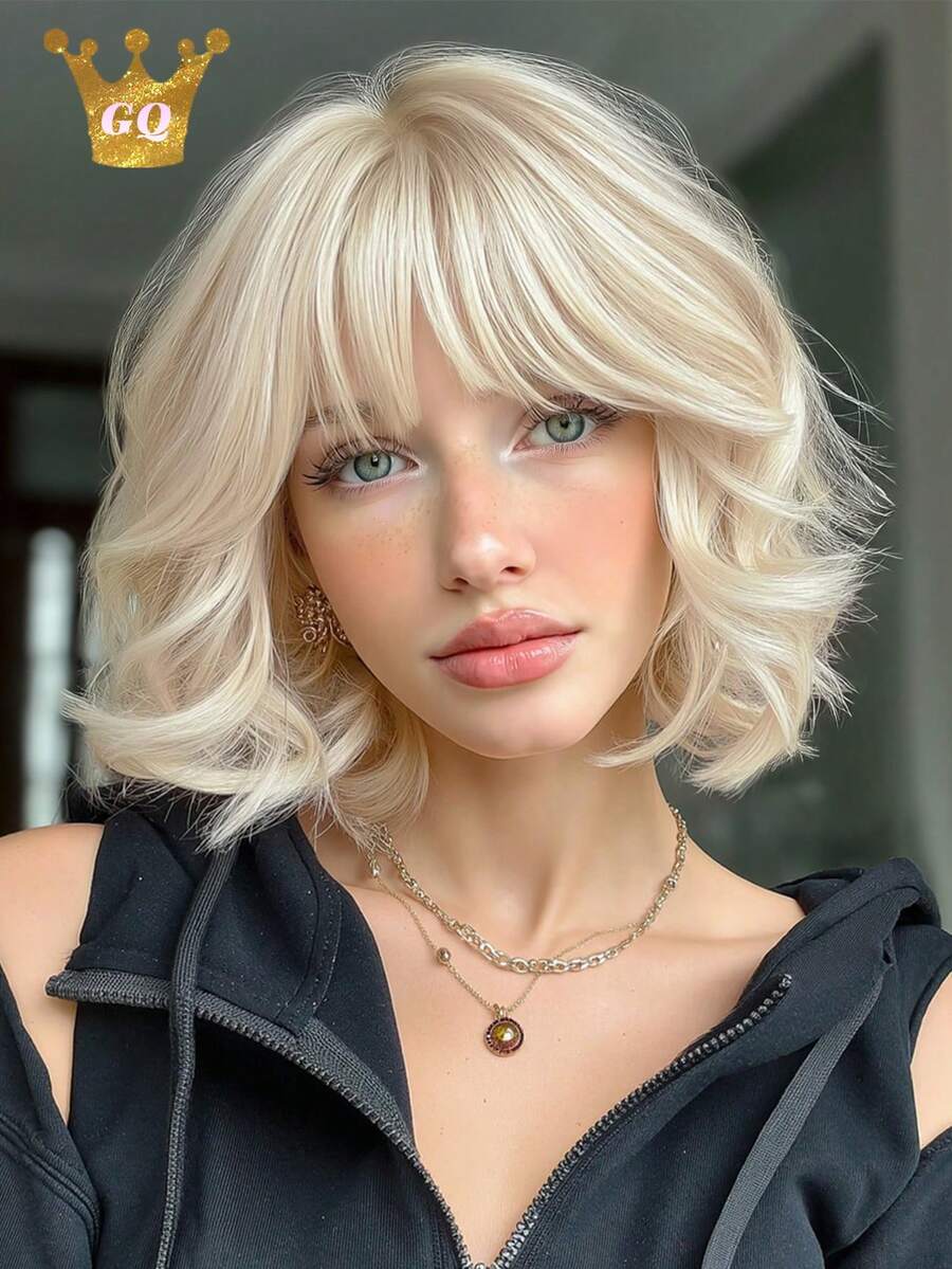 10-Inch Short Curly Golden Bobo Wig With Bangs, Suitable For Parties, Cosplay And Other Occasions, Synthetic Wig For Daily Wear And Costume Play - Gold - View 1