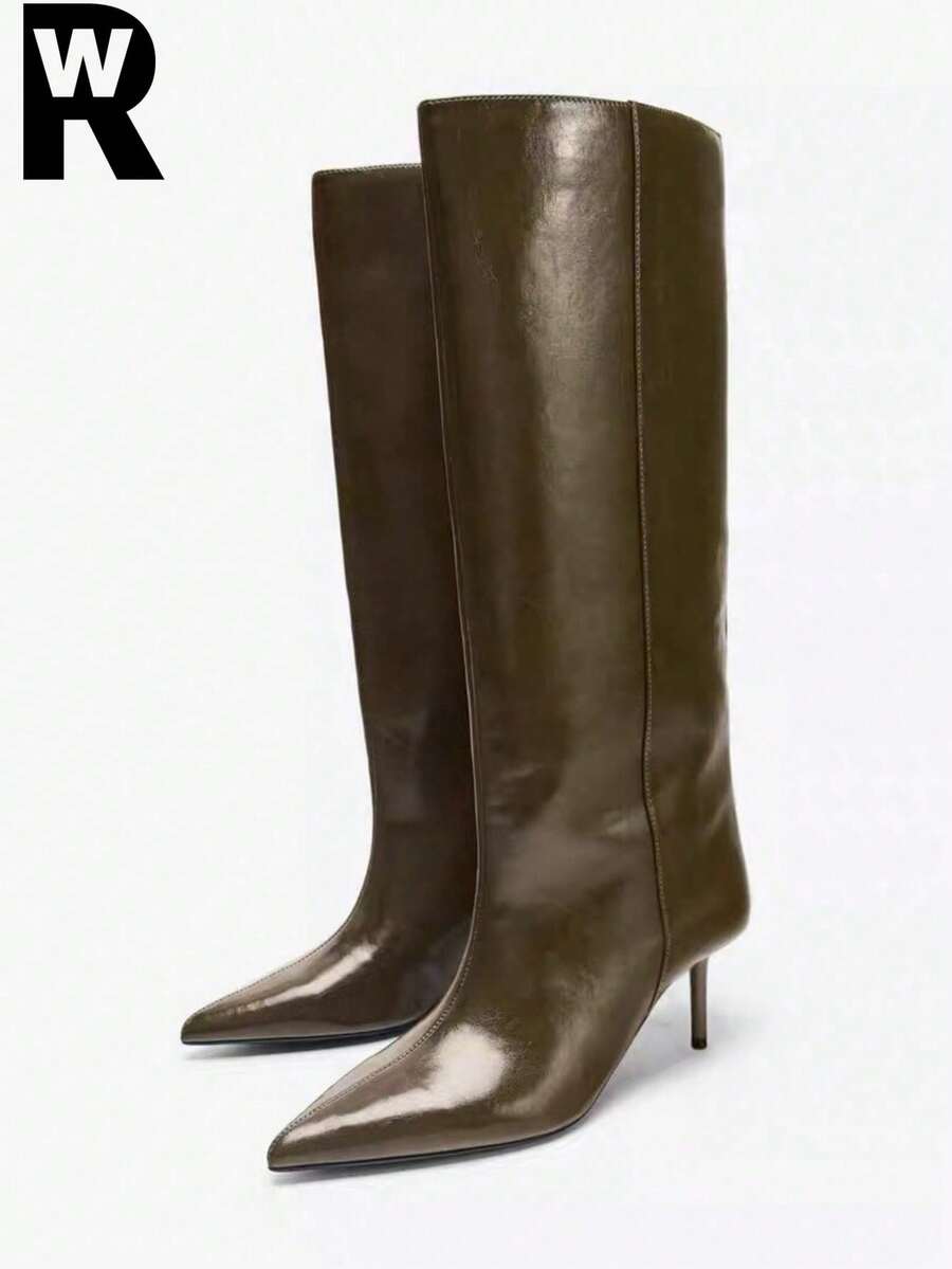 Women's Khaki Green Pointed Toe Chunky Heel Tall Boots, Over-The-Knee High Boots, Autumn/Winter 2025 New Arrival,Kitten Heels - Dark Green - View 1