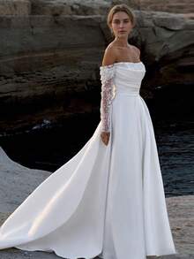 Elegant Strapless Long Sleeves Sequins Satin Wedding Gown - Perfect For Christmas, Halloween, Weddings, Proms & Birthdays - trắng - Xem 3