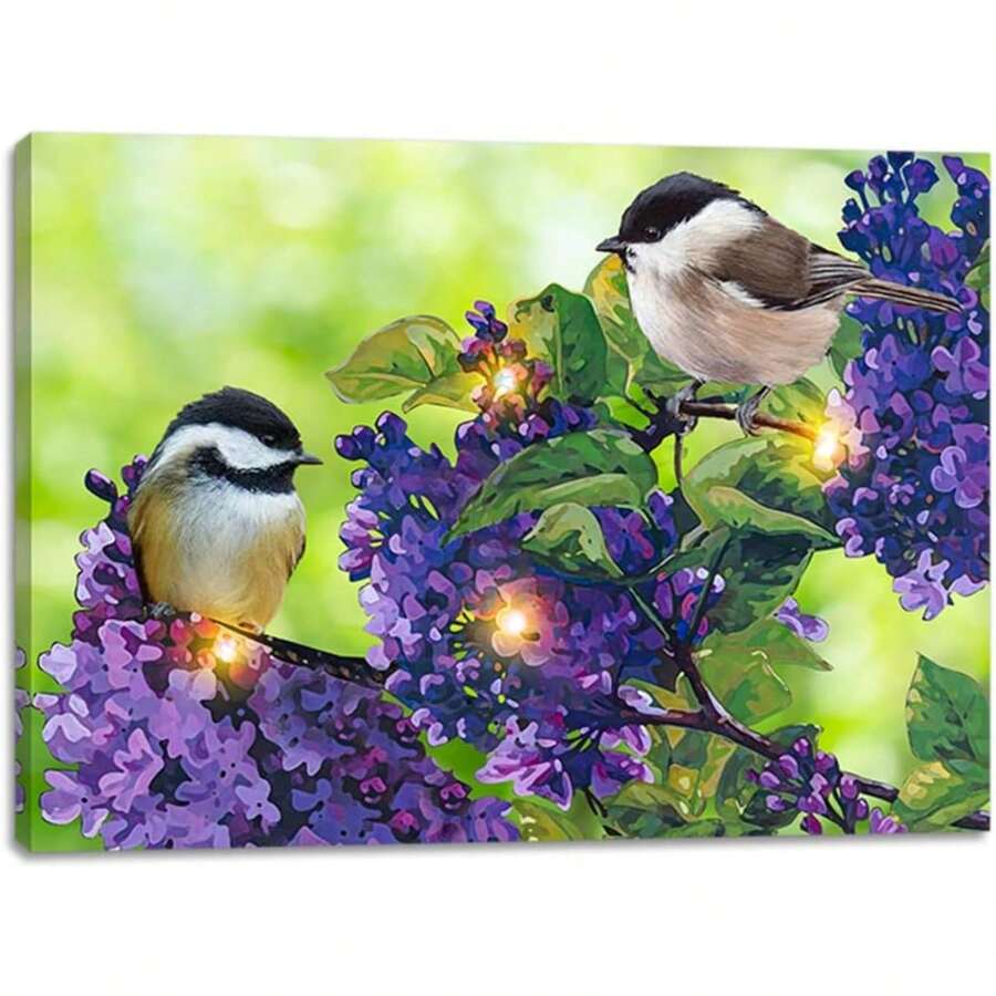 2025 Christmas Canvas Wall Art Print 12" X 16" With Timer | LED Lighted Design - Burung Chickadee Lavender - View 1
