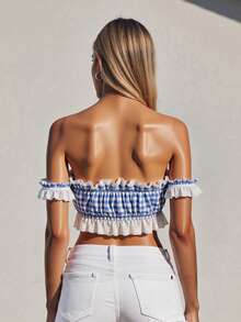 Plaid Off The Shoulder Tops For Women Summer Fashionable Slim Fit Lace Trim Crop Shirts - Blue - View 5