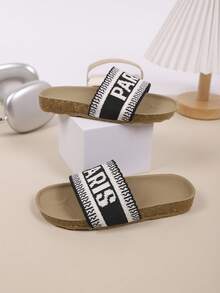 1双儿童时尚休闲户外风格系带平底凉鞋，带字母刺绣，适合春夏穿着 - 黑色 - 查看 6