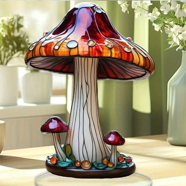 1pc, Enchanted Mushroom Figurine, 8"X5.9", Unique Desk Accessory, Office Decor, Home Office Display, Whimsical Garden Theme Decor, Cute Gift Idea, Festive Present, For Birthday, Garden Sculpture And Statue, Collectible Decorative Item