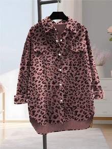 Women's Solid Color Front Button Long Sleeve Faux Pocket Casual Shirt Spring Vacation - Pink Print - View 3