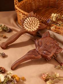 1pc Sandalwood Carved Massage Comb, Delicate Engraved Unique Fox & Cat Pattern, Soft Air Cushion Design, Hair Scalp Massage, Suitable For Home Use And Gift Giving - Rust Brown - View 3