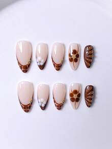 10pcs Handmade Short Nail Art Stickers, French Manicure, Short Nails, Fake Nails, Pink, Brown, White, Black, Blue, Leopard Print, Cute, Hand-Painted Multi-Color Gradient Small Flowers And Five-Petal Polka Dots - Brown - View 3