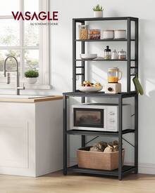 Kitchen Storage Rack, Coffee Bar, Baker's Rack, Total 6 Shelves And 6 Hooks, For Microwave, Steel Frame, Industrial, 40 X 60 X 167 Cm, Charcoal Grey And Ink Black KKS024B22 - Black - View 1