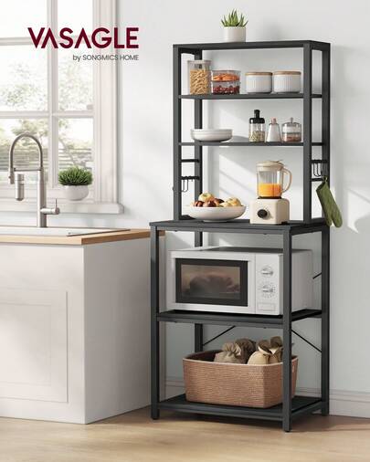 Kitchen Storage Rack, Coffee Bar, Baker's Rack, Total 6 Shelves And 6 Hooks, For Microwave, Steel Frame, Industrial, 40 X 60 X 167 Cm, Charcoal Grey And Ink Black KKS024B22